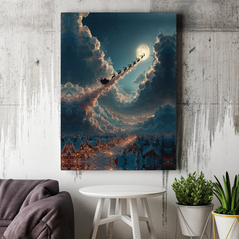 Christmas Wall Art Canvas, Santa Sleigh Flying Over Snow Village Canvas, Holiday Winter Scene Canvas Print