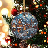 Snowy Scene Holiday Ceramic Keepsake, Stained Glass Winter Village Christmas Ornament, Comfy Town Tree Decor, Xmas Home Decor Present