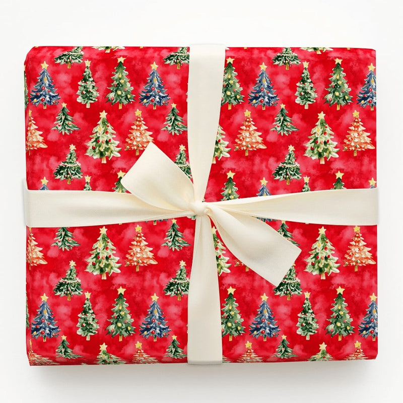 Colorful Star Tree Wrapping Paper, Watercolor Christmas Tree Wrapping Paper, Red Holiday Gift Wrap, Festive Present Wrapping Paper