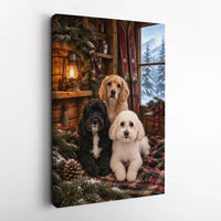 Comfy Christmas Puppy Wall Art, Winter Cabin Dogs Canvas, Rustic Ski Lodge Dog Print, Holiday Dog Lover Canvas Art, Snowy Cabin Decor