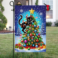 Humorous Holiday Kitten Yard Flag, Black Cat Christmas Tree Garden Flag, Double-Sided Cat Lovers Garden Flag, Winter Xmas Lawn Decor