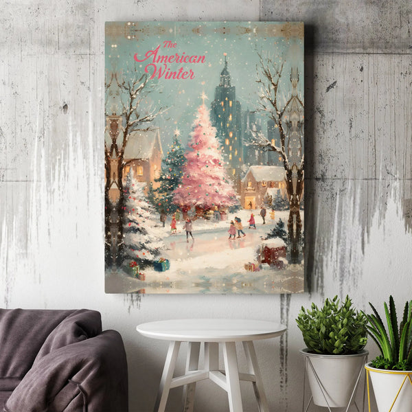 American Winter Canvas Wall Art, Winter Ice Skating Canvas Art, Vintage Christmas Canvas Print, Holiday Wall Decor, Winter Sc