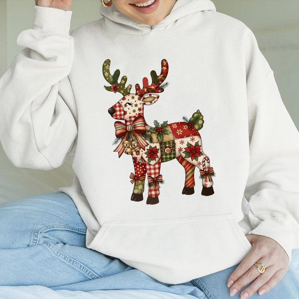 Festive Patchwork Holiday Sweatshirt, Christmas Reindeer Hoodie, Adorable Winter Deer Graphic Hooded Pullover, Comfy Xmas Sea