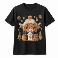 Adorable Winter Holiday Graphic Tee, Christmas Highland Cow Coffee T-Shirt, Festive Farmhouse Cow Shirt, Comfy Xmas Aesthetic Graphic T-Shirt