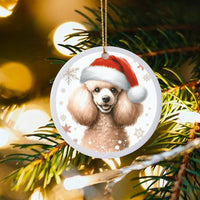 Santa Hat Dog Tree Ornament, Poodle Christmas Ceramic Ornament, Adorable Puppy Holiday Ornament, Winter Pet Keepsake, Dog Lover Xmas Present