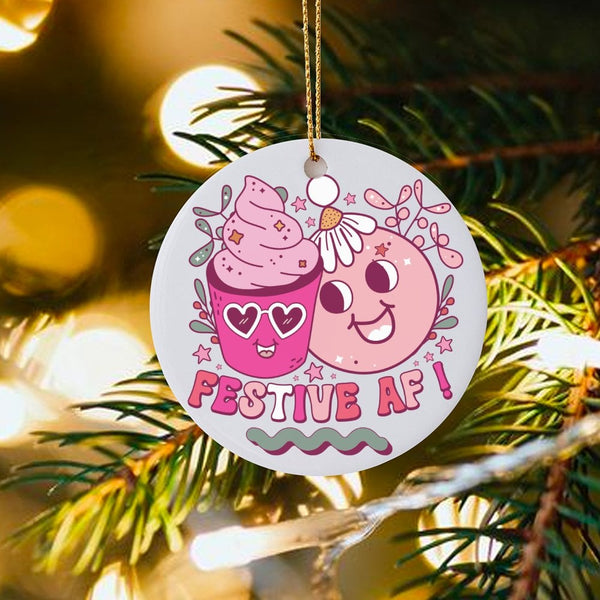 Kawaii Smiley Face Ceramic Ornament, Festive AF Christmas Ornament, Adorable Pink Aesthetic Tree Ornament, Preppy Holiday Kee