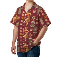 Pin Up Girl Santa Aloha Shirt, Christmas Tiki Hawaiian Shirt, Retro Tropical Holiday Button Down Shirt, Humorous Christmas Party Present