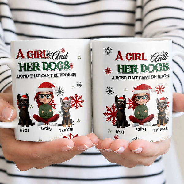 Personalized Pet Lover Holiday Mug, Girl and Her Dogs Christmas Ceramic Mug, Adorable Dog Mom Coffee Cup, Winter Dog Mug, Xma