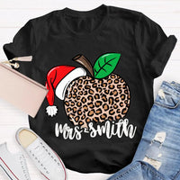 Custom Name Christmas T-Shirt, Personalized Leopard Santa Hat Shirt, Festive Holiday Graphic Tee, Comfy Xmas Present for Her, Adorable Top