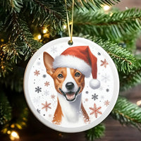 Santa Hat Snowflakes Tree Ornament, Basenji Dog Christmas Ornament, Ceramic Dog Breed Holiday Ornament, Festive Pet Keepsake, Dog Lover Present