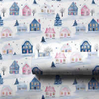 Snowy Cottage Gift Wrap, Winter Village Wrapping Paper, Watercolor Pastel House Christmas Wrapping Paper, Comfy Holiday Town Wrapping Paper