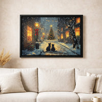 Snowy Village Holiday Street Canvas Wall Art, Black Cat Christmas Canvas Print, Winter Cat Landscape Canvas, Holiday Home Decor Present