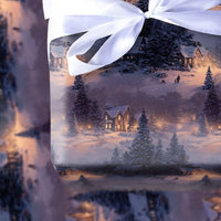 Snowy Cabin Night Scene Gift Wrap, Winter Village Wrapping Paper, Christmas Present Paper, Holiday Gift Wrap Roll, Winter Wonderland Wrap