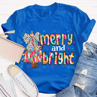 Festive Holiday Graphic Tee, Merry and Bright Tie Dye Tree Shirt, Christmas Tree T-Shirt, Retro Xmas Party Top, Family Holiday Present Tee
