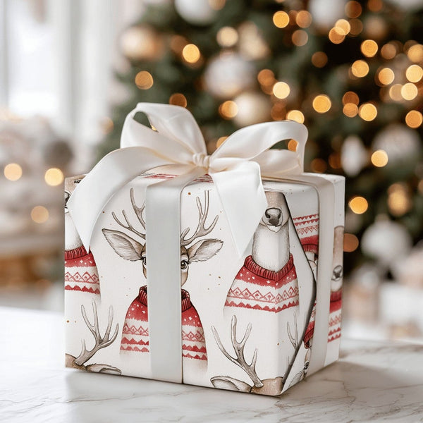 Watercolor Reindeer Christmas Wrapping Paper, Nordic Sweater Deer Wrapping Paper, Adorable Animal Holiday Gift Wrap, Winter X