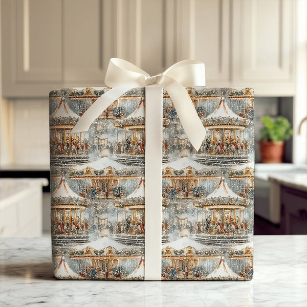 Snowy Carnival Christmas Gift Wrap, Vintage Winter Carousel Wrapping Paper, Nostalgic Holiday Wrapping Paper, Festive Winter 