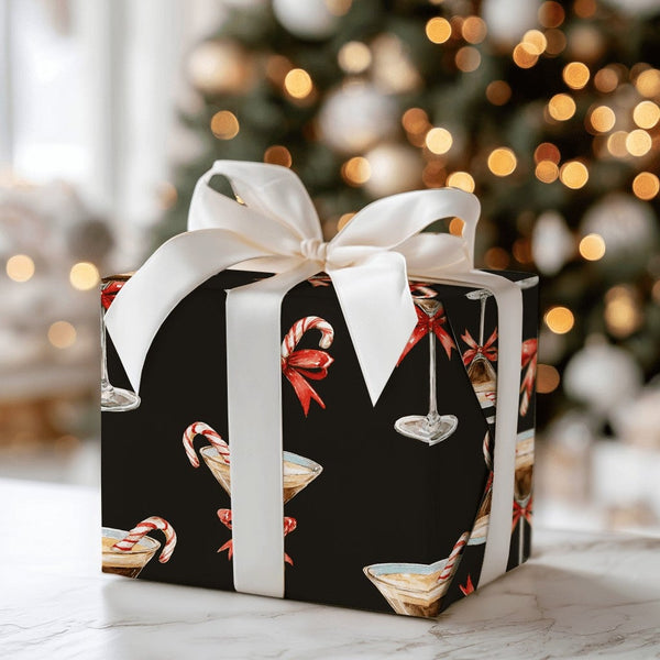 Candy Cane Cocktail Gift Wrap, Espresso Martini Christmas Wrapping Paper, Black Holiday Cocktail Wrapping Paper, Festive Part