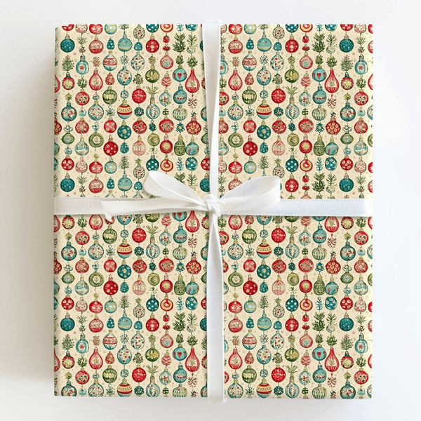 Retro Bauble Holiday Gift Wrap, Vintage Ornament Christmas Wrapping Paper, Antique Festive Print Gift Wrapping Paper, Winter 