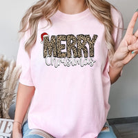 Santa Hat Holiday Graphic T-Shirt, Leopard Print Merry Christmas T-Shirt, Adorable Cheetah Winter Tee, Festive Xmas Graphic T-Shirt