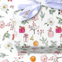 Watercolor Poinsettia and Floral Gift Wrap, Pink Christmas Wrapping Paper, Winter Botanical Gift Wrapping Paper