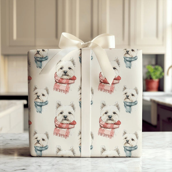 West Highland Terrier Gift Wrap, Westie Dog Wrapping Paper, Watercolor Dog Wrapping Paper, Winter Scarf Puppy Gift Wrap, Chri
