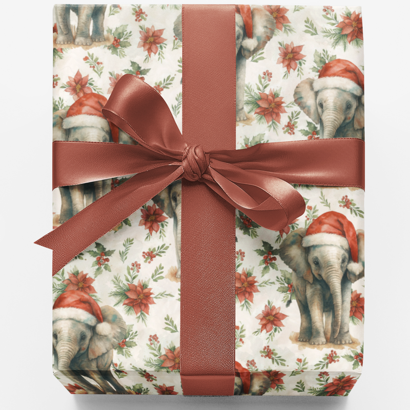 Santa Hat Watercolor Gift Wrap, Christmas Elephant Wrapping Paper, Holiday Poinsettia Elephant Paper, Festive Animal Wrapping Paper Roll