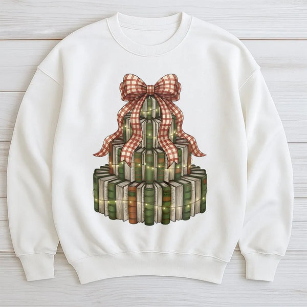 Retro Librarian Holiday Sweater, Christmas Book Tree Sweatshirt, Book Lover Xmas Crewneck, Reading Teacher Present Pullover
