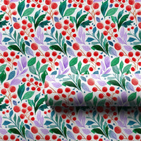 Red Berries Green Leaves Gift Wrap, Watercolor Botanical Wrapping Paper, Elegant Christmas Floral Wrapping Paper