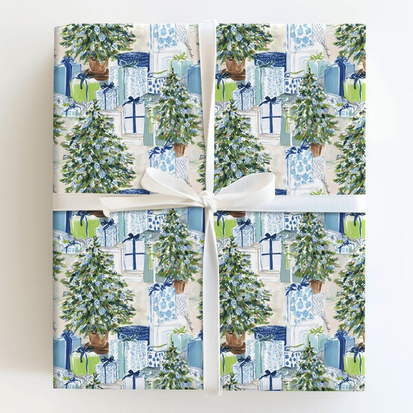 Watercolor Tree Gift Wrap, Chinoiserie Christmas Wrapping Paper, Preppy Blue Holiday Wrapping Paper, Elegant Winter Xmas Wrap
