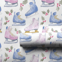Watercolor Winter Holiday Gift Wrap, Ice Skates Wrapping Paper, Christmas Ice Skating Wrapping Paper, Adorable Holly Berry Gift Wrap Roll