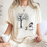 Adorable Winter Dog Graphic Tee, Snowman and Puppy T-Shirt, Festive Holiday Season Shirt, Vintage Christmas Puppy Lover Present for Women