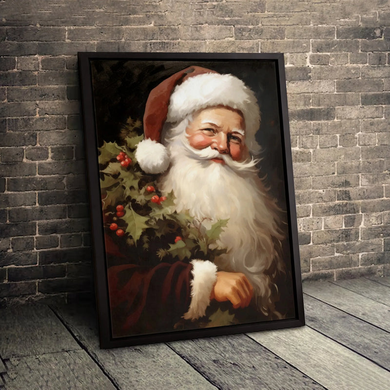 Traditional Christmas Portrait Canvas Print, Vintage Santa Claus Wall Art, Antique Holly Saint Nick Poster, Holiday Winter Wall Decor