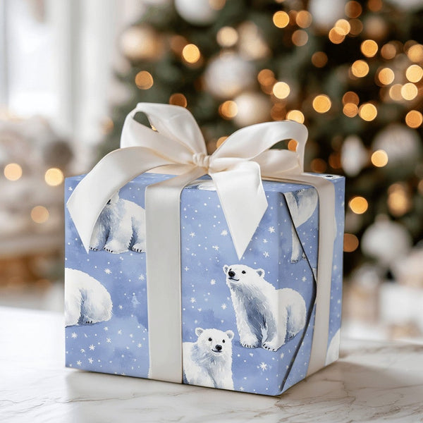 Snowy Night Polar Bear Gift Wrap, Polar Bear Christmas Wrapping Paper, Winter Wildlife Wrapping Paper, Holiday Present Wrappi