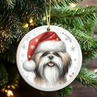 Santa Hat Dog Ornament, Shih Tzu Christmas Ornament, Festive Puppy Ceramic Ornament, Xmas Tree Hanging Decor, Holiday Present for Dog Lovers
