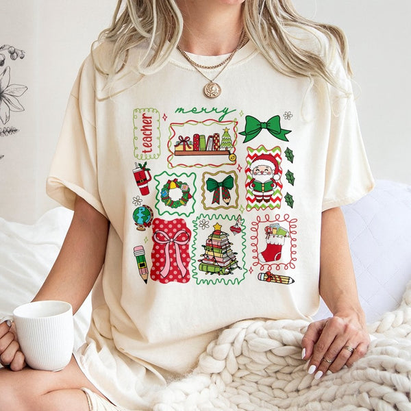 Retro School Supplies Holiday Tee, Merry Teacher Christmas T-Shirt, Festive Classroom Graphic Shirt, Adorable Winter Xmas Tea