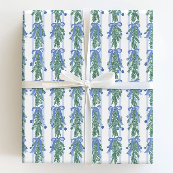 Blue Bows Christmas Gift Wrap, Watercolor Pine Garland Wrapping Paper, Elegant Botanical Holiday Wrapping Paper, Luxury Winte