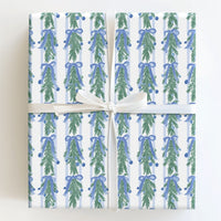 Blue Bows Christmas Gift Wrap, Watercolor Pine Garland Wrapping Paper, Elegant Botanical Holiday Wrapping Paper, Luxury Winter Present Paper
