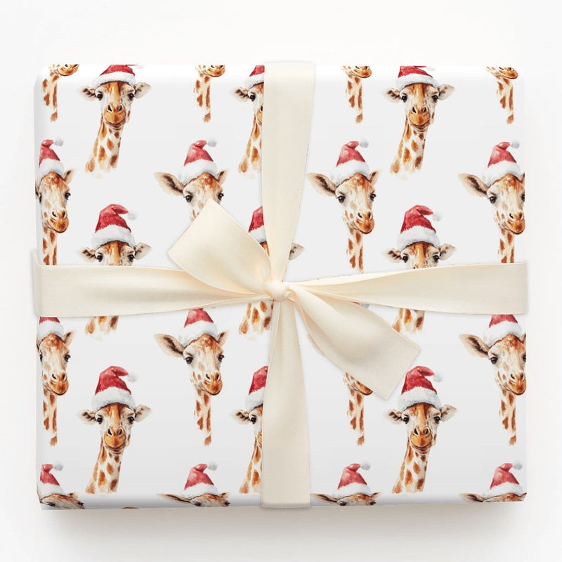 Safari Animal Gift Wrap, Watercolor Giraffe Christmas Wrapping Paper, Santa Hat Giraffe Wrapping Paper, Adorable Holiday Zoo Gift Wrap Roll