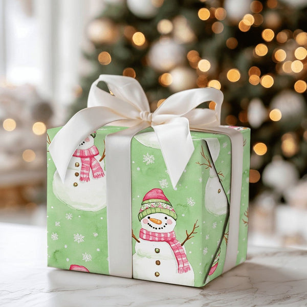 Watercolor Snowmen Gift Wrap, Snowman Christmas Wrapping Paper, Pink Plaid Holiday Wrapping Paper, Adorable Winter Xmas Gift 