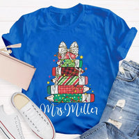 Colorful Crayons Bows Holiday Shirt, Personalized Christmas T-Shirt, Custom Name Kids Xmas Graphic Tee, Festive School Party Shirt