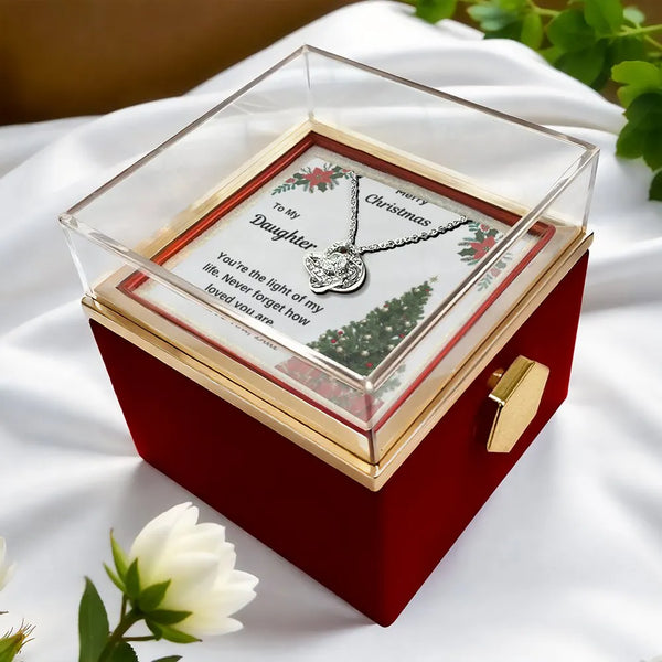 CZ Crystal Love Knot Pendant, Daughter Love Knot Necklace, Rotating Rose Box Knot Necklace, Christmas Keepsake Present for Da