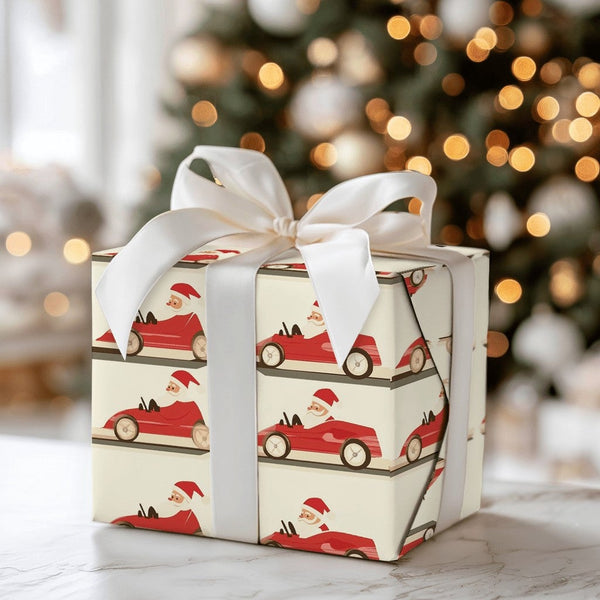 Vintage Racing Holiday Gift Wrap, Race Car Santa Wrapping Paper, Go Kart Santa Christmas Wrapping Paper, Retro Driver Wrappin