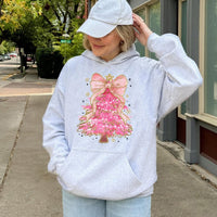 Coquette Bow Aesthetic Holiday Sweatshirt, Pink Christmas Tree Hoodie, Adorable Xmas Tree Graphic Hoodie, Trendy Winter Holiday Hoodie Present