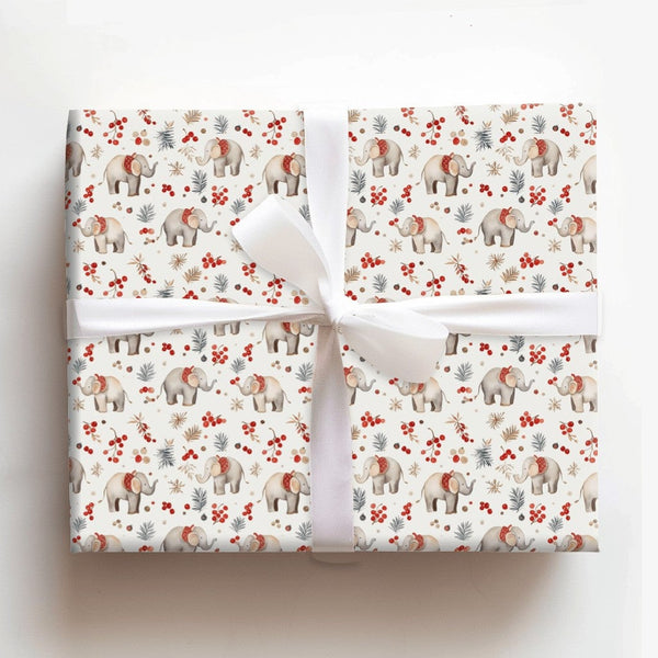 Watercolor Saddle Holiday Gift Wrap, Christmas Elephant Wrapping Paper, Winter Botanical Elephant Wrapping Paper, Festive Hol