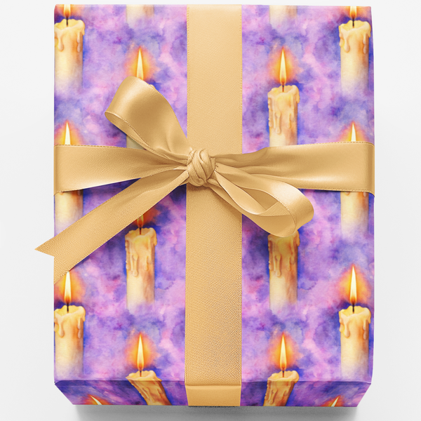 Festive Holiday Gift Wrap Roll, Watercolor Candle Glow Christmas Wrapping Paper, Religious Xmas Wrapping Paper, Church Gift W