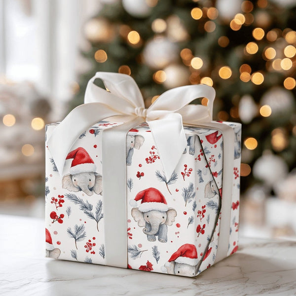 Santa Hat Animal Gift Wrap, Adorable Baby Elephant Christmas Wrapping Paper, Winter Foliage Baby Elephant Wrapping Paper, Hol