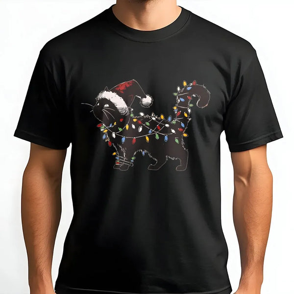 Humorous Cat Holiday Lights Shirt, Black Cat Christmas T-Shirt, Adorable Kitty Christmas Graphic Tee, Festive Cat Lover Shirt