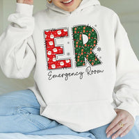 Emergency Room Holiday Graphic Hoodie, ER Nurse Christmas Hoodie, Festive Medical RN Hooded Sweatshirt, Doctor Christmas Present Hoodie