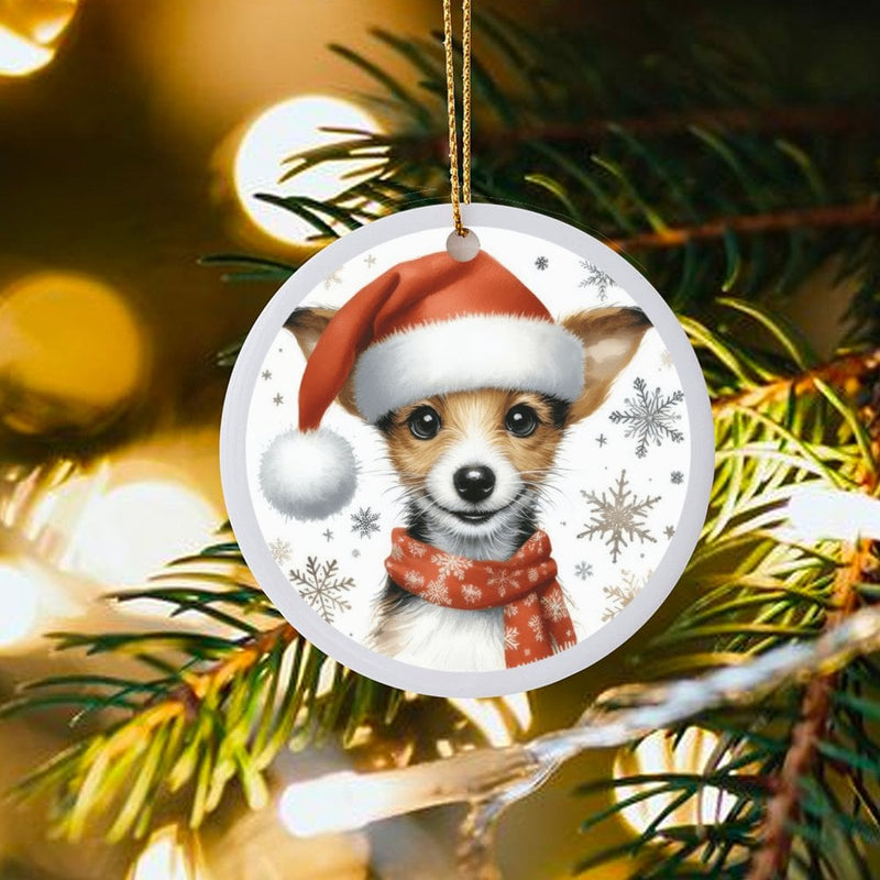 Santa Hat Puppy Ceramic Ornament, Adorable Puppy Christmas Ornament, Holiday Snowflakes Puppy Dog Tree Ornament, Dog Lover Christmas Present