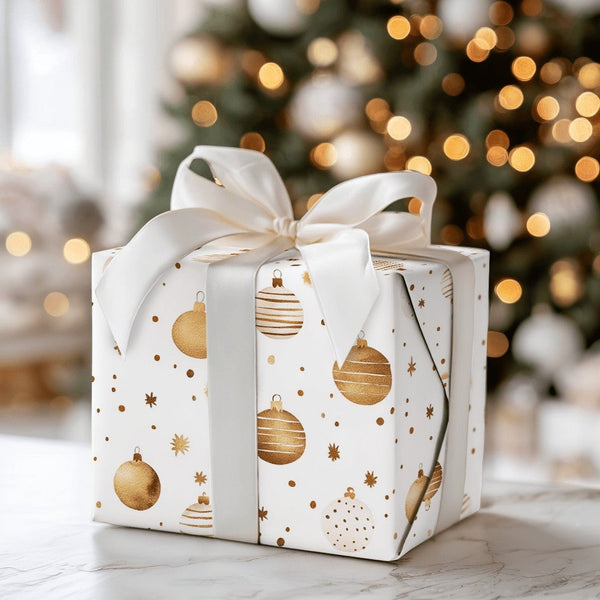Watercolor Bauble Holiday Gift Wrap, Gold Christmas Ornament Wrapping Paper, Festive Xmas Present Wrap, Winter Holiday Gift W